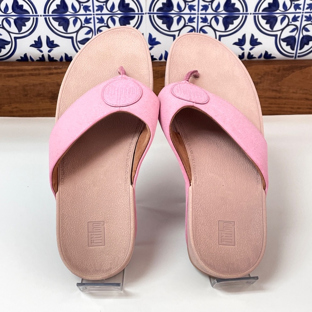 FitFlop Demelza Pink Shimmer Logo Toe Post Wedge Sandal Size 9 - Picture 8 of 11